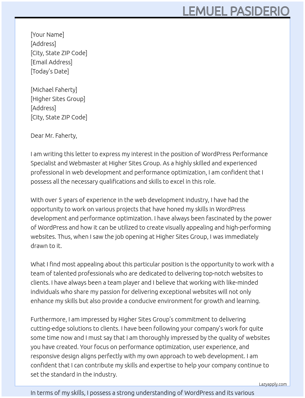 Cover letter for wordpress performance specialistand webmaster - LazyApply