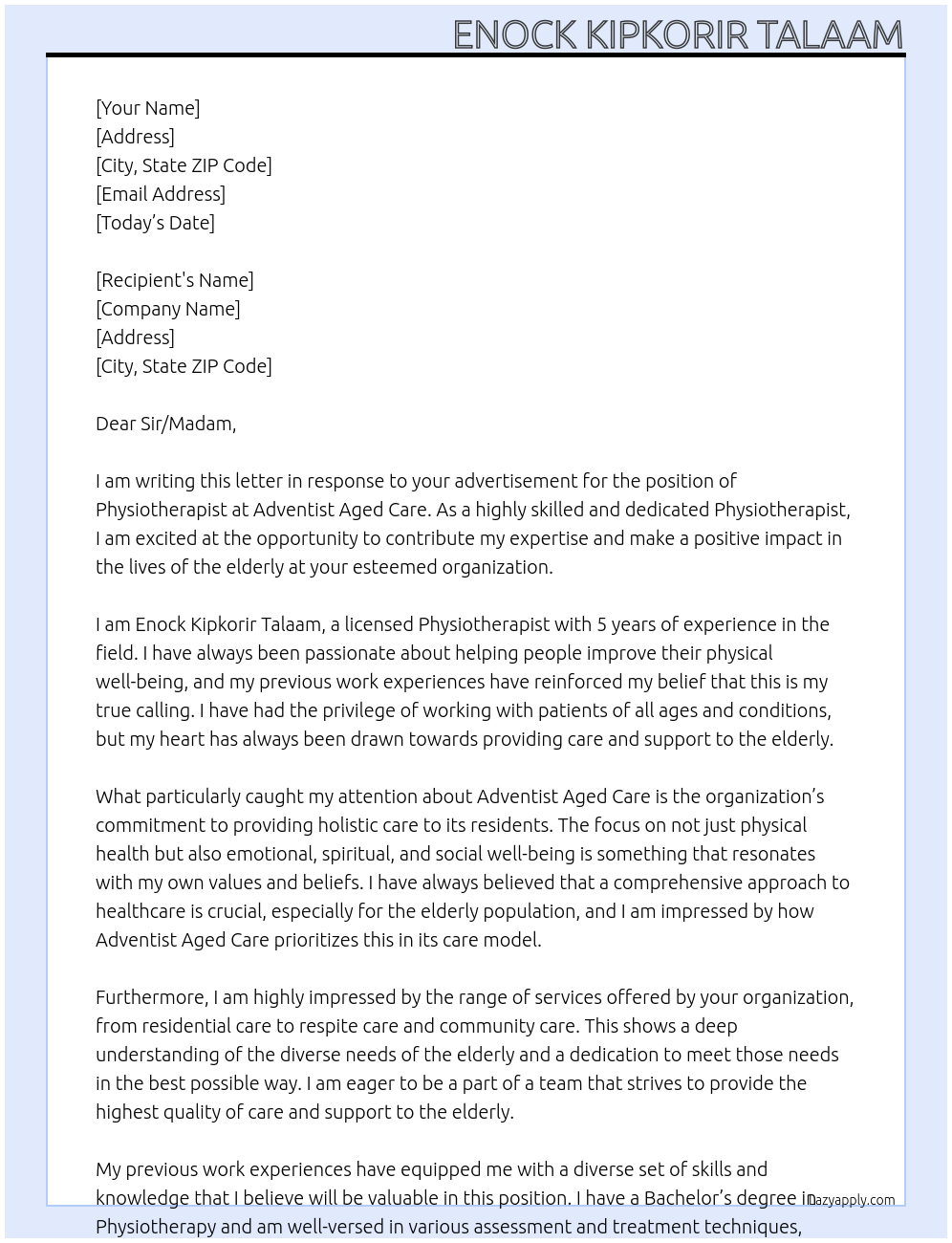 physiotherapist At Adventist aged care Cover Letter
