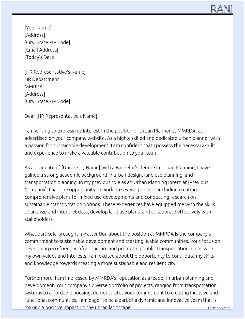 Urban Planner At MMRDA Cover Letter