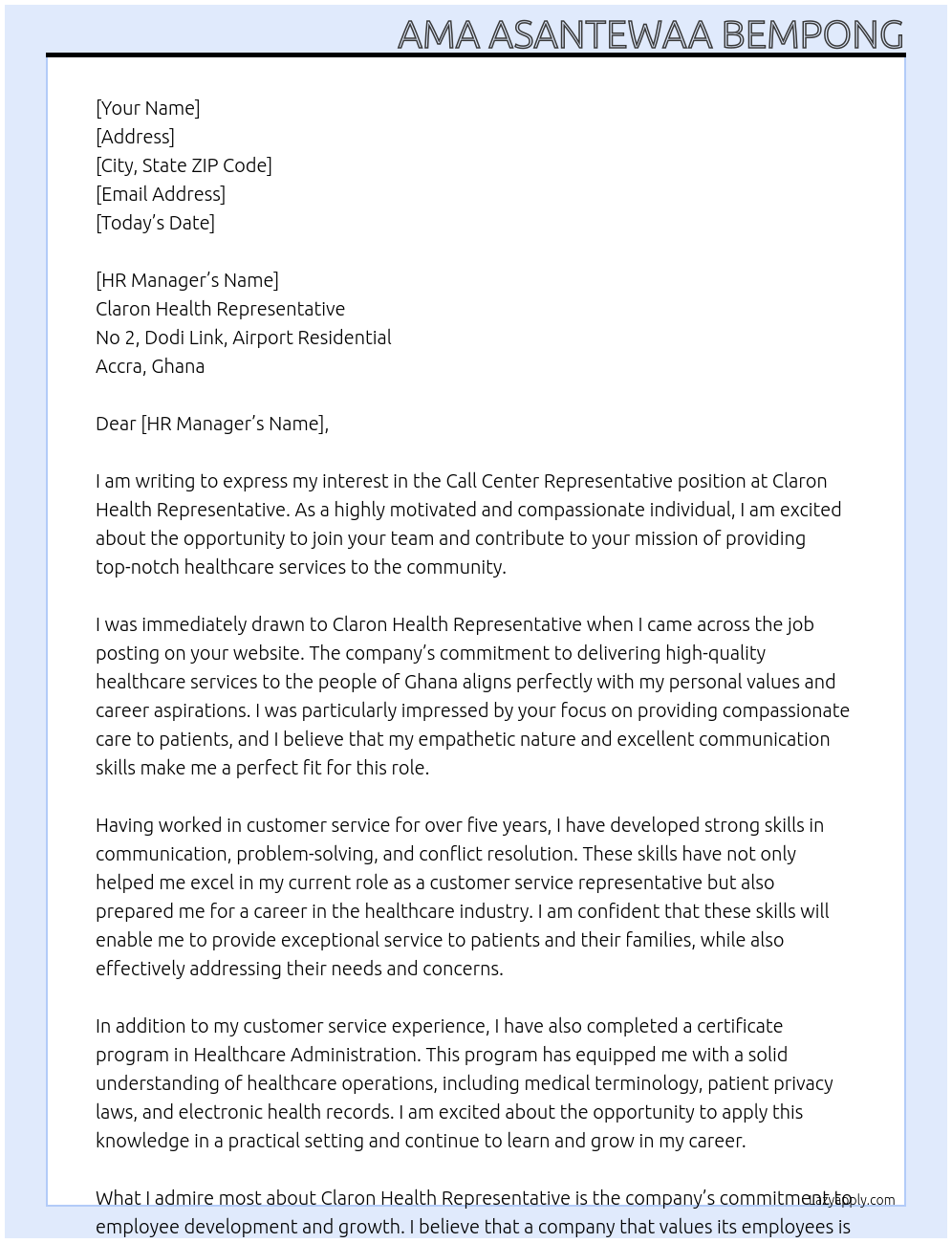 call center representative At Claron Health Representative Cover Letter