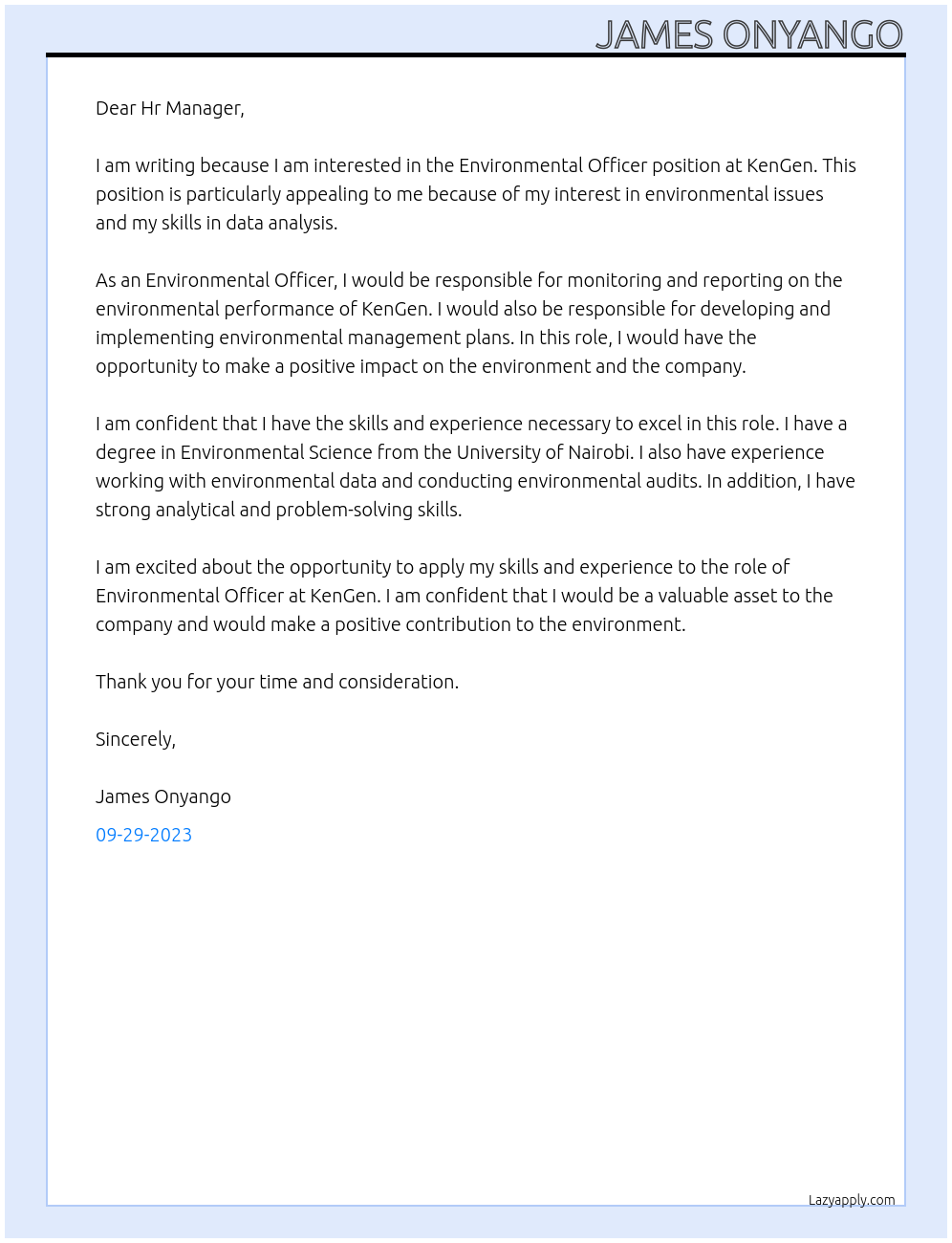 Environmental Officer At KenGen Cover Letter