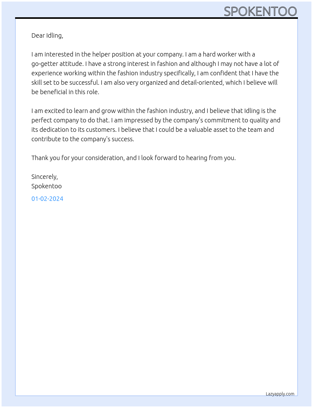 helper At Idling Cover Letter