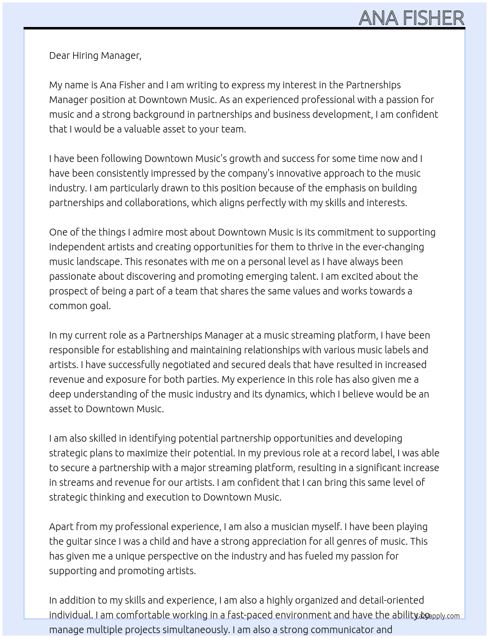 Partnerships Manager At Downtown music Cover Letter