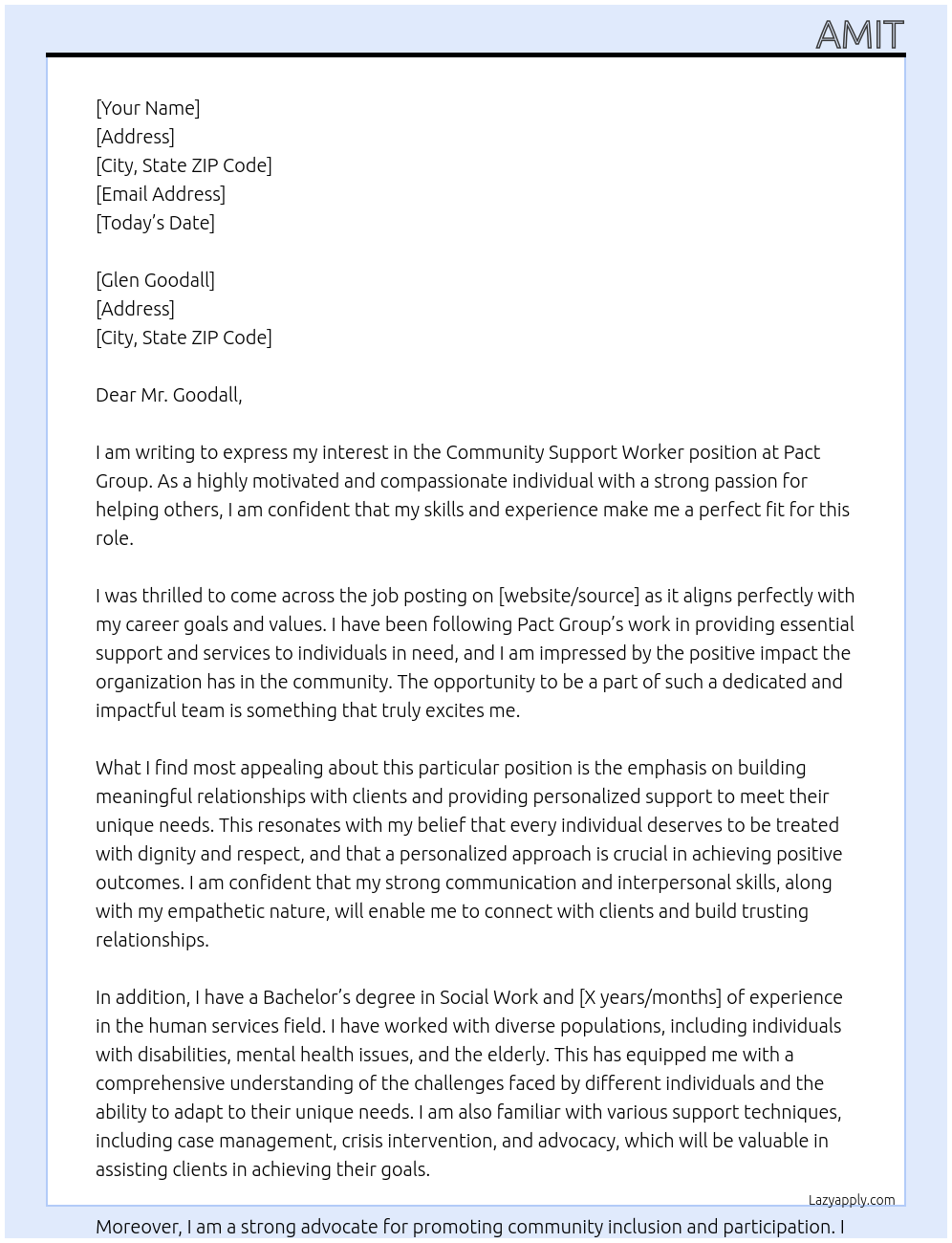 Community Support Worker At Pact Group Cover Letter