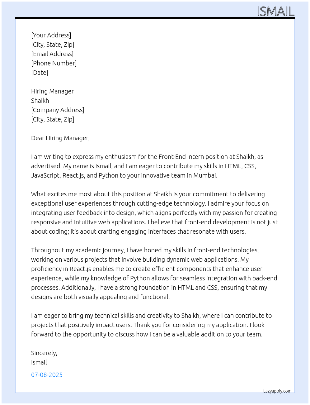 software developer At Shaikh Cover Letter