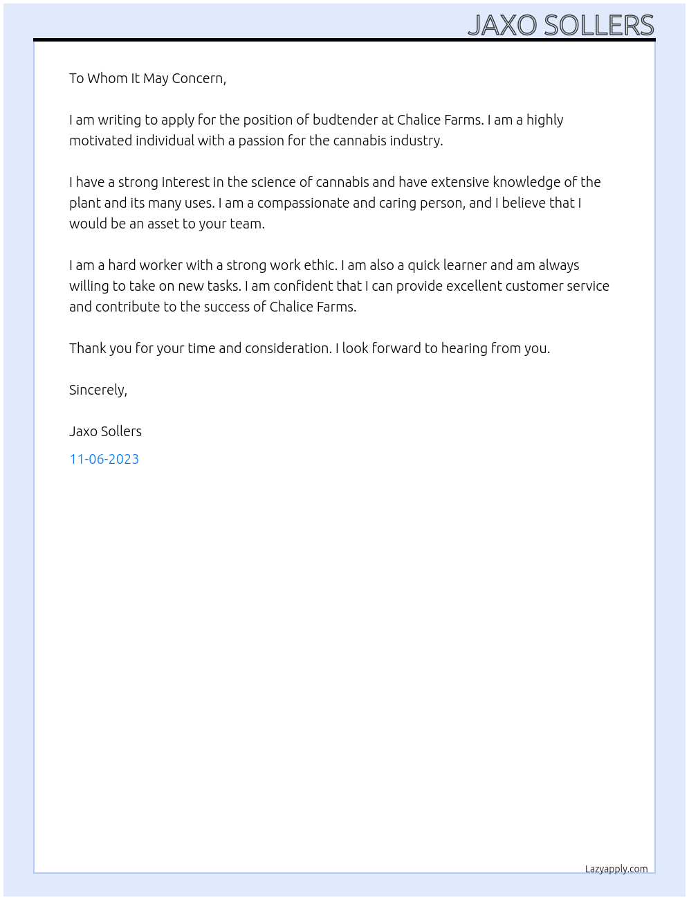 Budtender At Chalice Farms Cover Letter