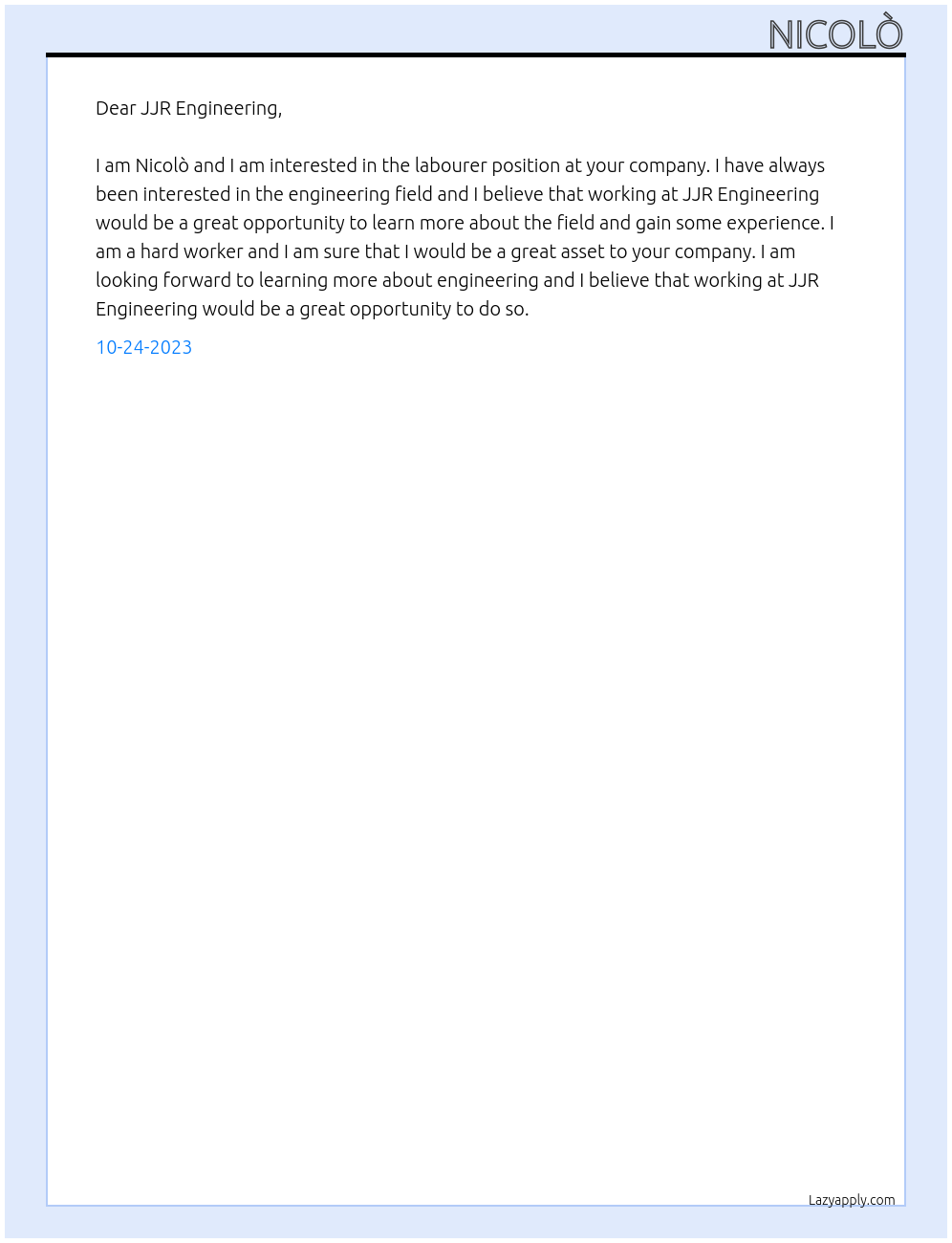 Labourer At JJR Engineering Cover Letter