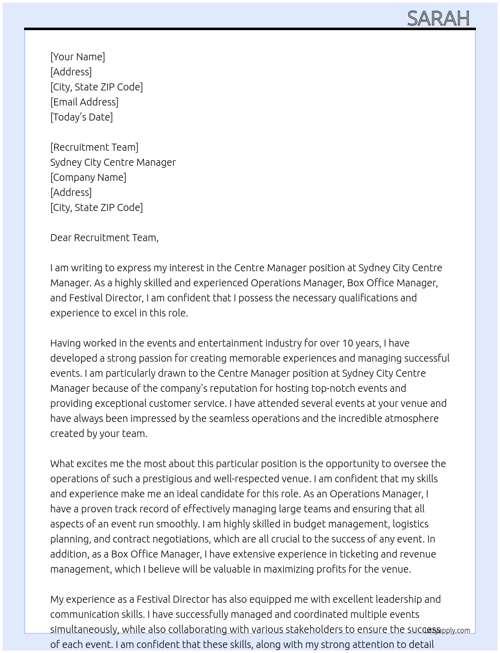 Centre Manager  At Sydney City Centre Manager Cover Letter