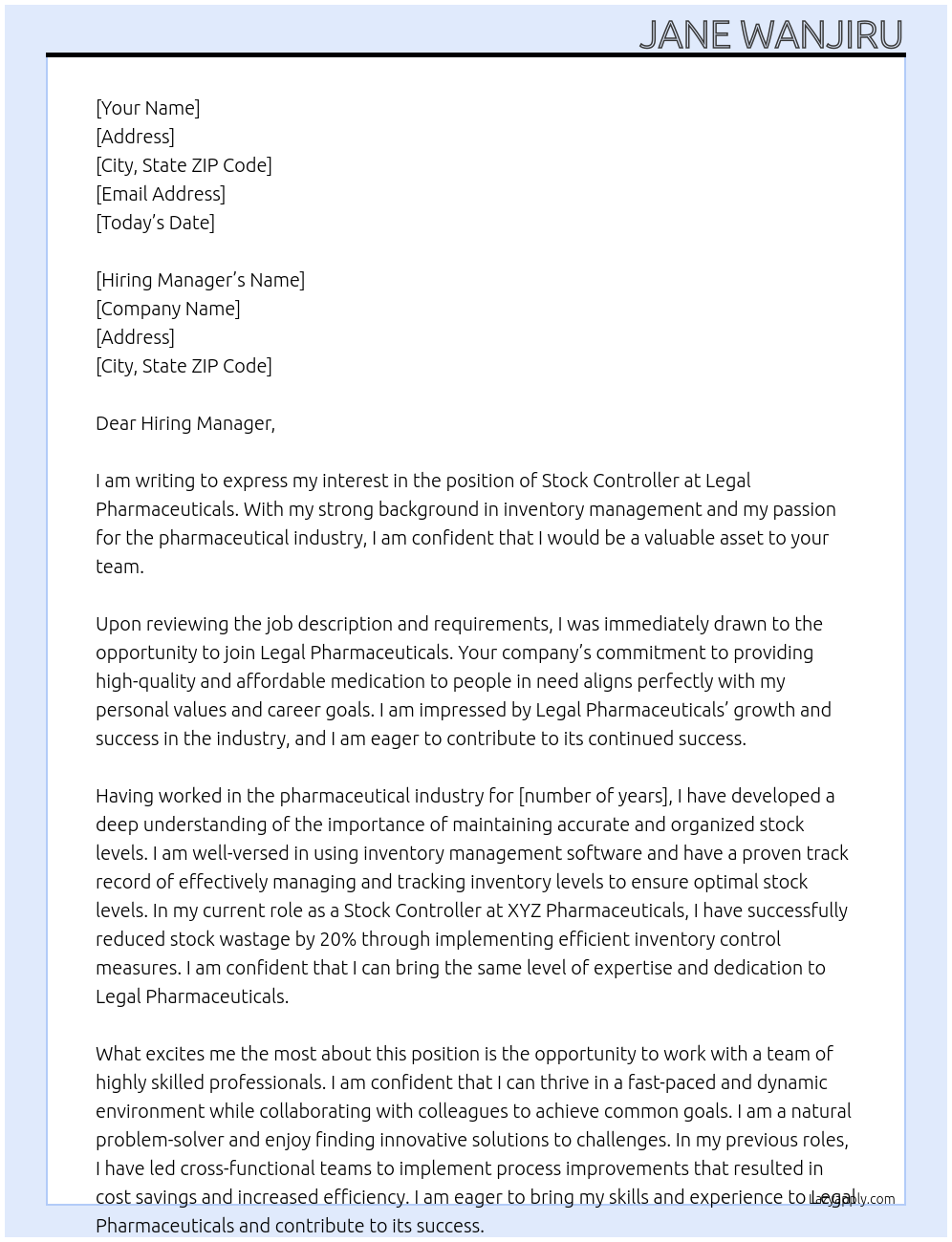 Stock Controller At Legal Pharmaceuticals Cover Letter