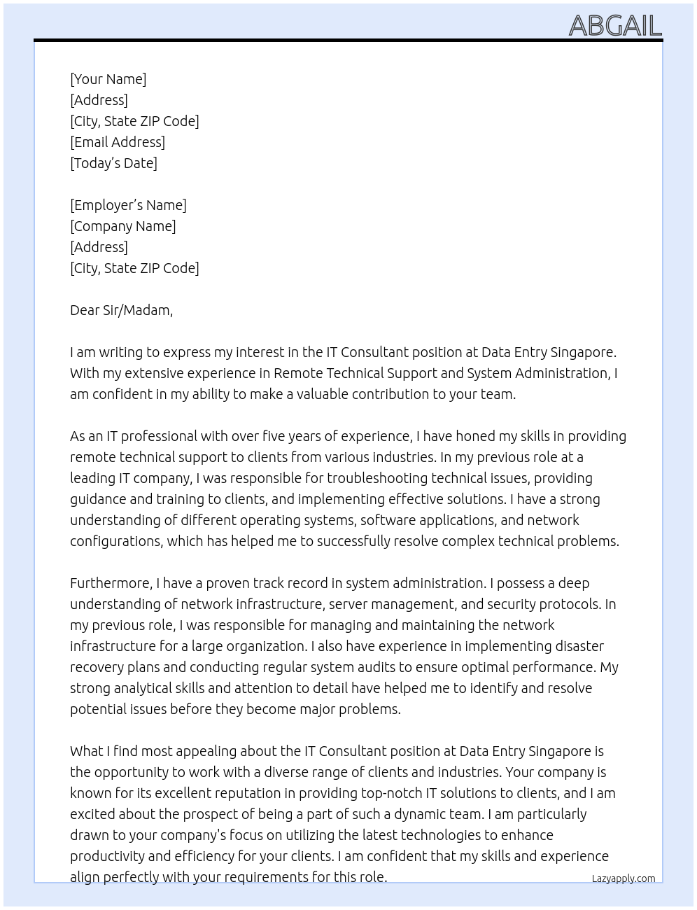IT Consultant At Data Entry Singapore Cover Letter