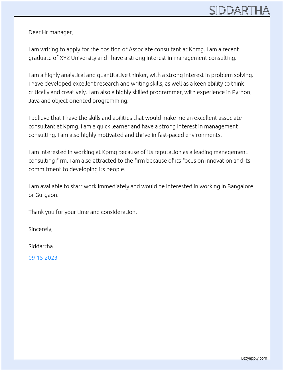 Associate consultant At Kpmg Cover Letter