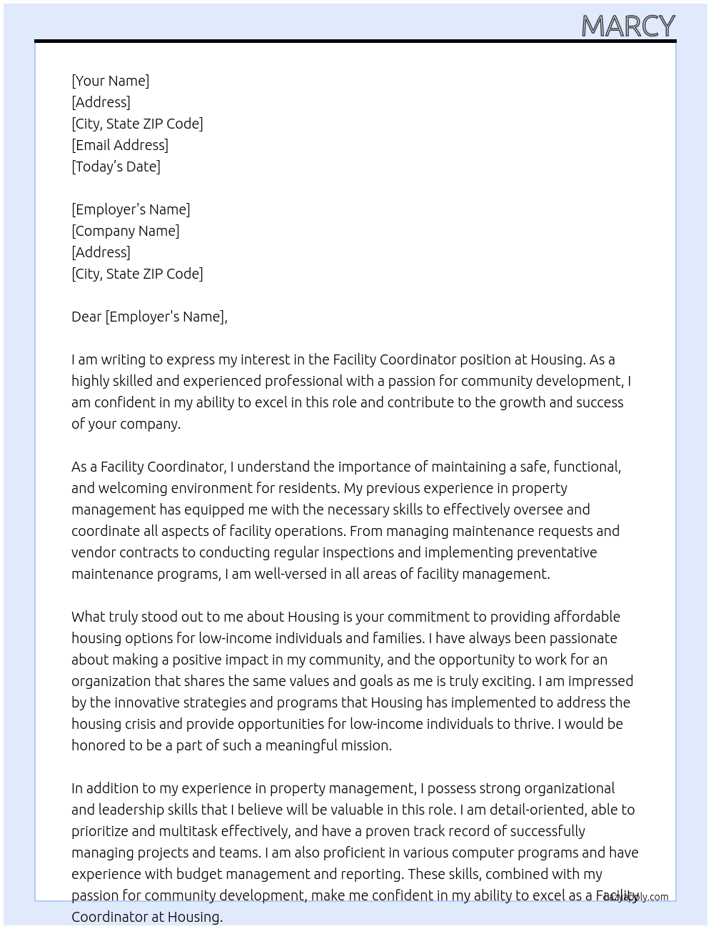 Facility coordinator  At Housing Cover Letter