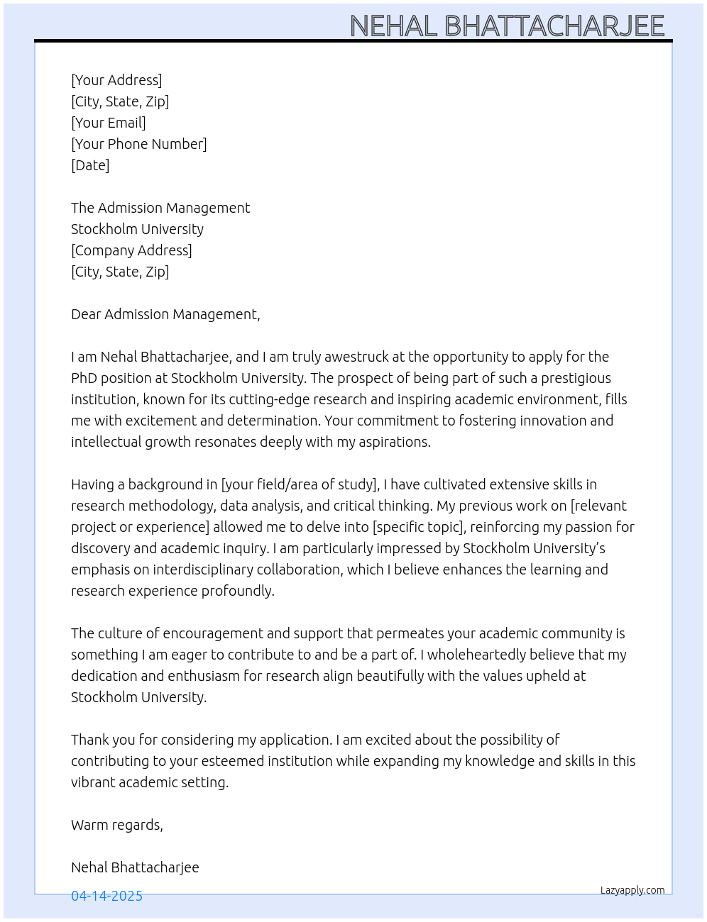 Phd At Stockholm University Cover Letter