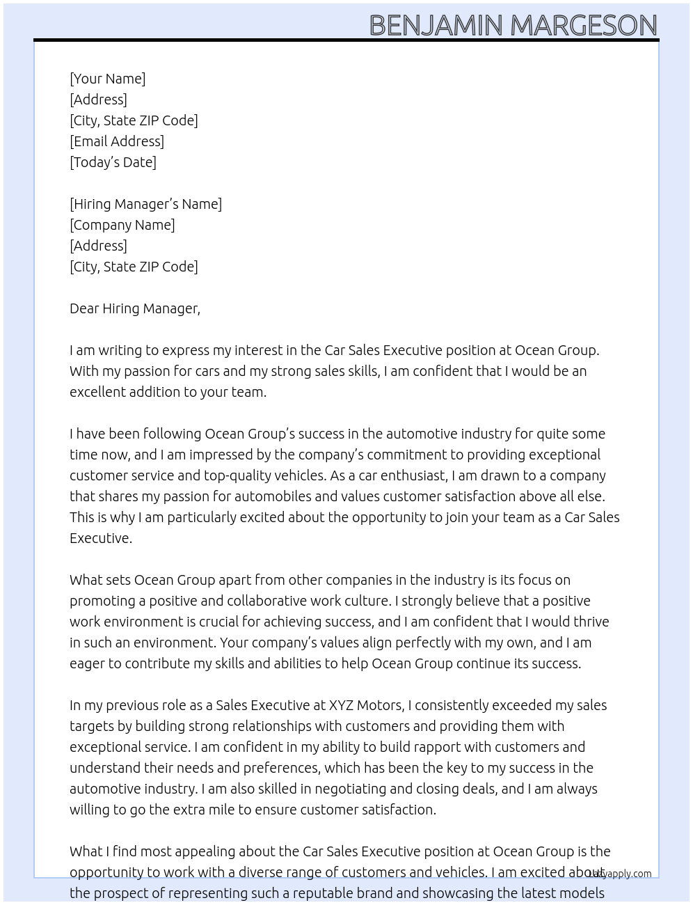 car sales executive At ocean group Cover Letter