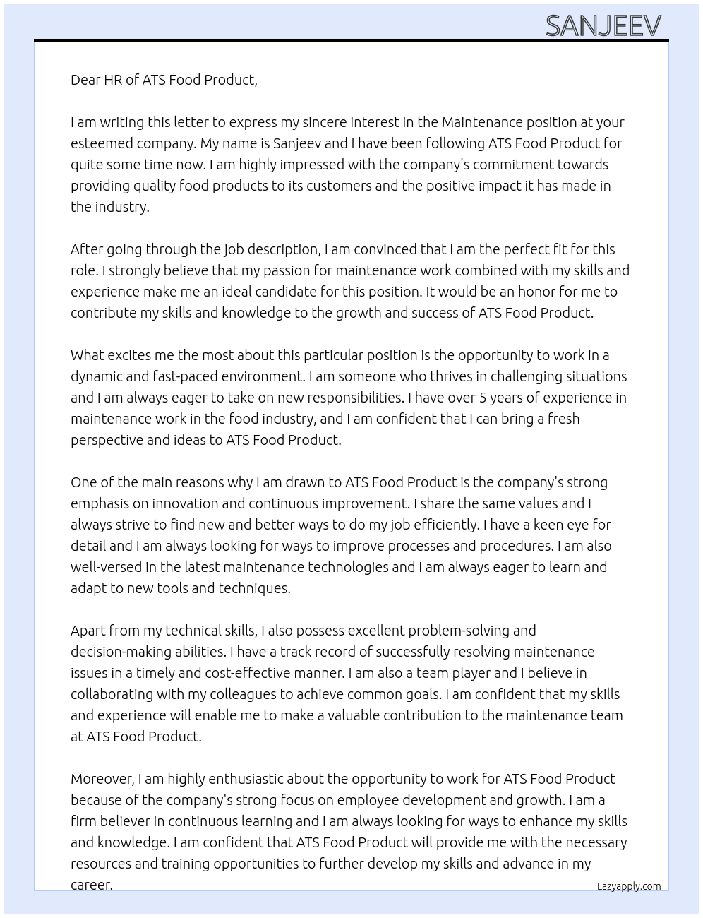Maintenance  At ATS FOOD PRODUCT Cover Letter