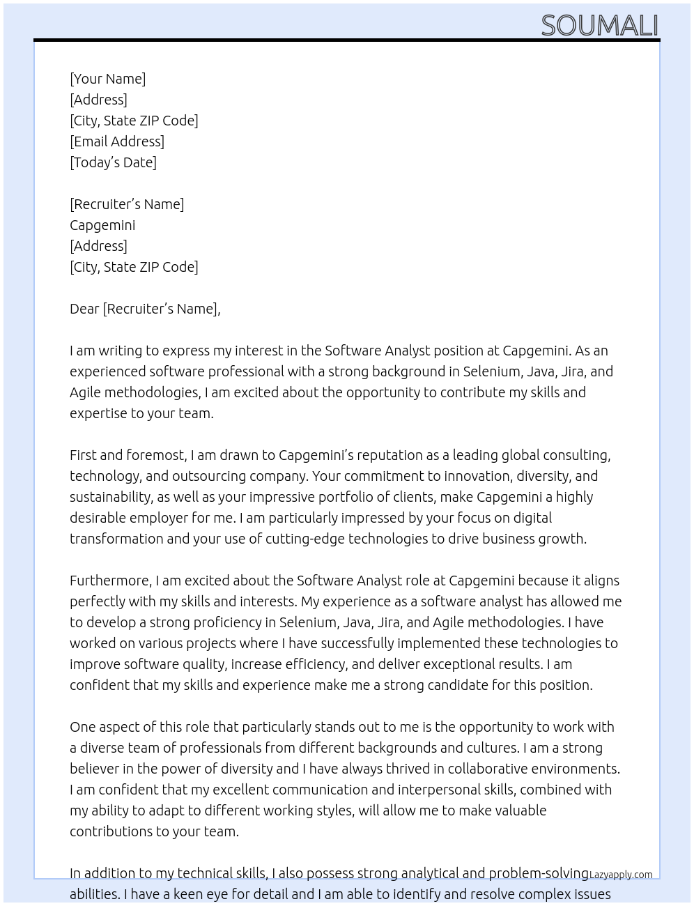 Software analyst At Capgemini Cover Letter