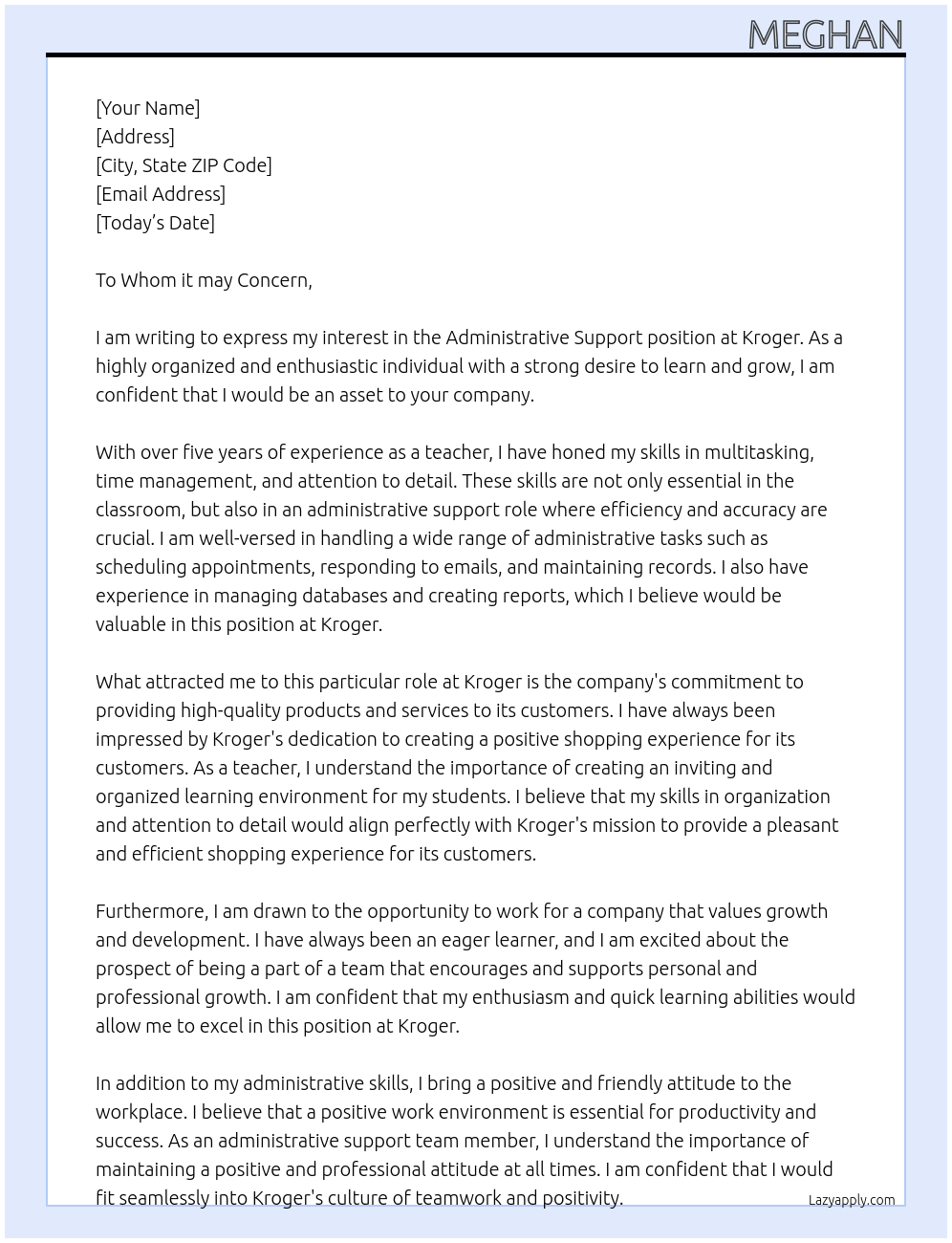 Administrative Support At Kroger Cover Letter