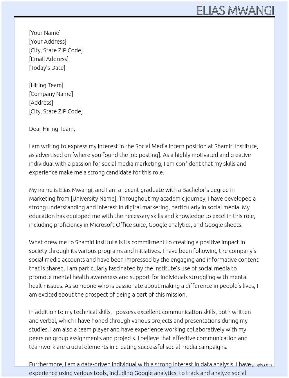 Social Media Intern At Shamiri Institute Cover Letter