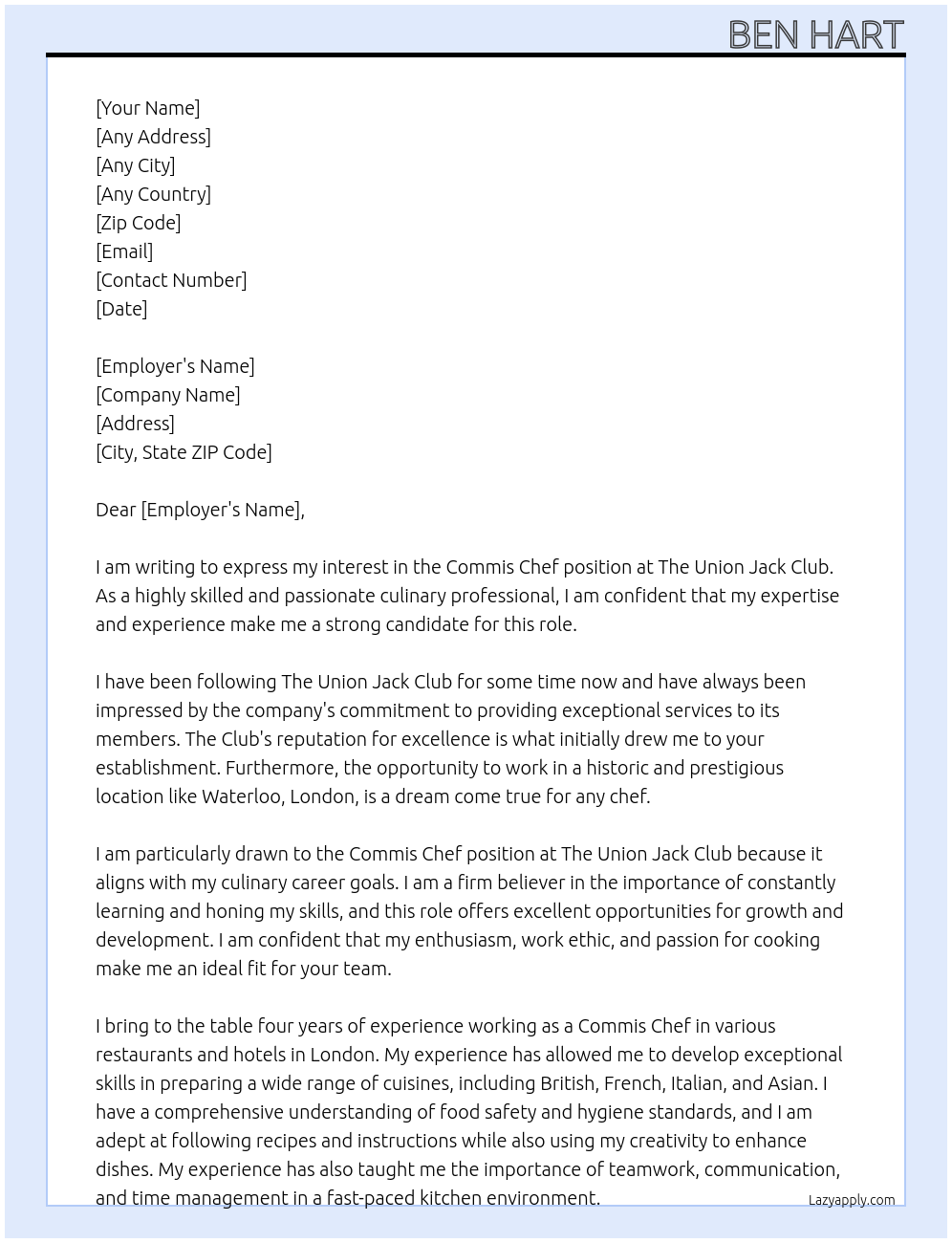 commis chef At union jack club Cover Letter