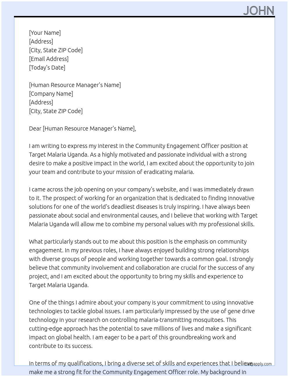 Community Engagement Officer At Target Malaria Uganda Cover Letter