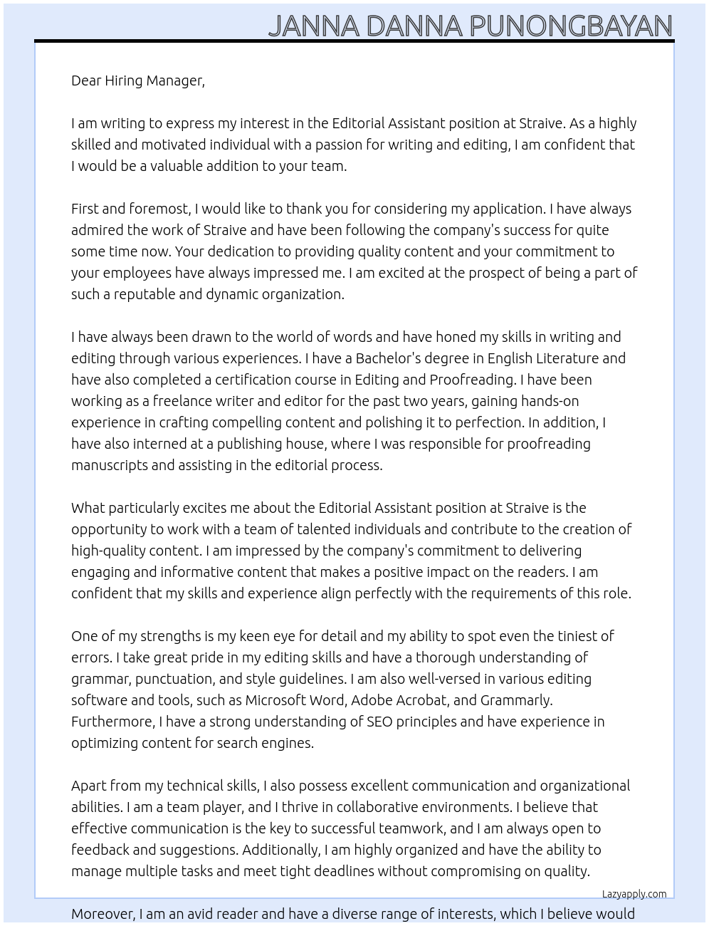 Editorial Assistant At Straive Cover Letter