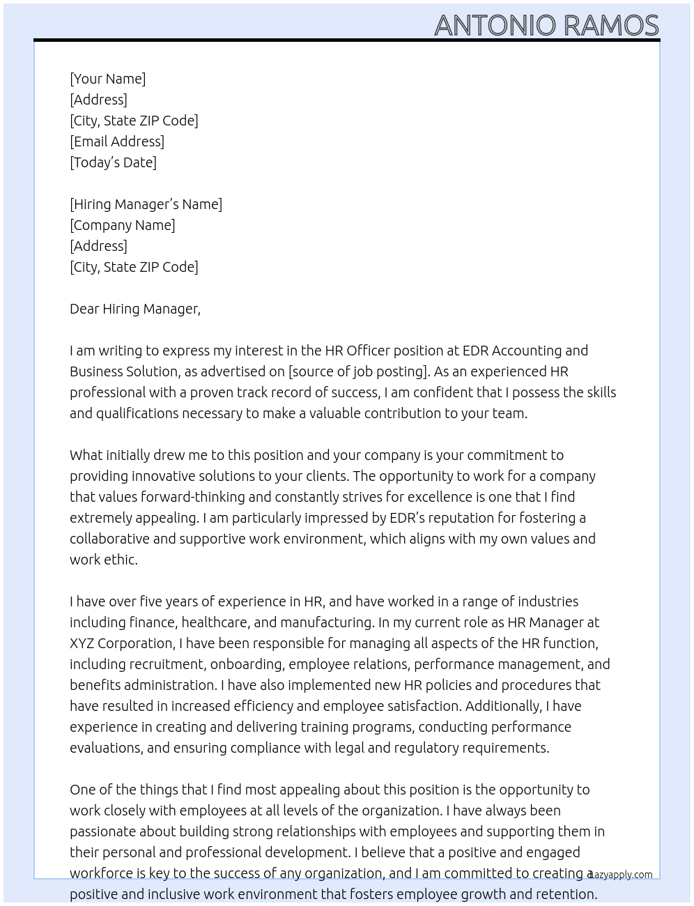 HR Officer At EDR Accounting and Business Solution Cover Letter