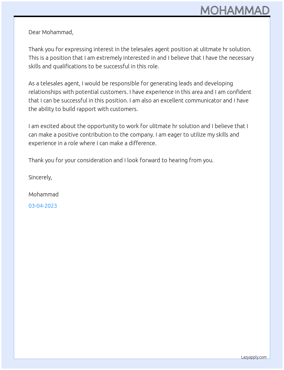 Telesales agent  At ulitmate hr solution Cover Letter