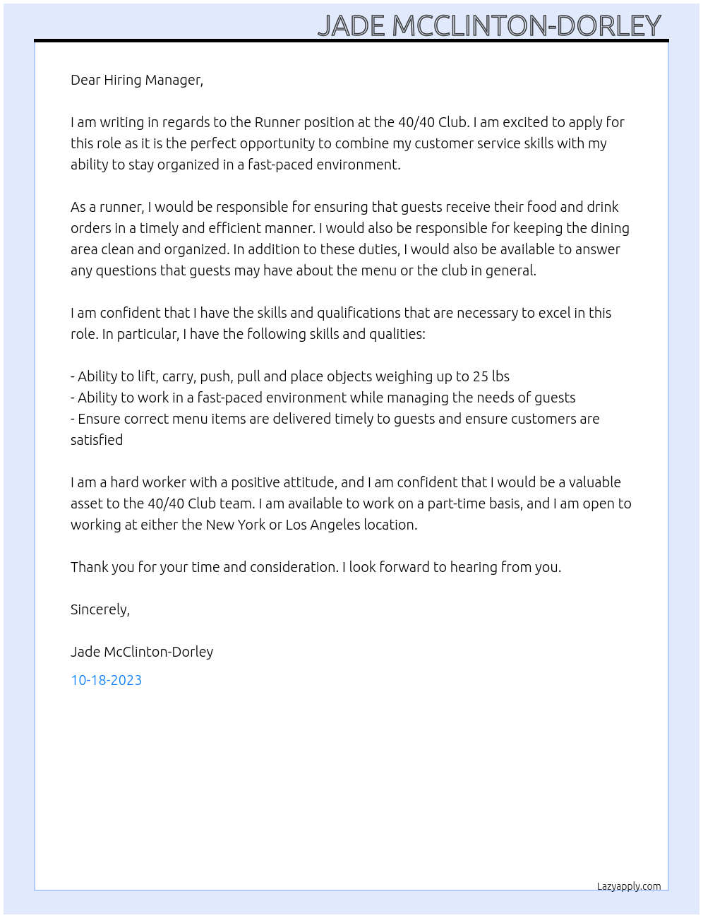 Runner At 40/40 Club Cover Letter