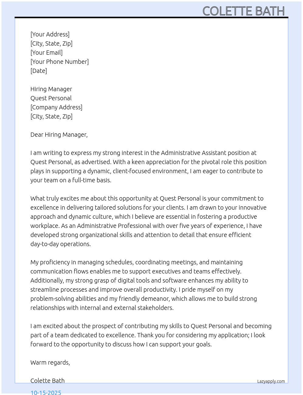 Administrative Assistant At Quest Personal Cover Letter