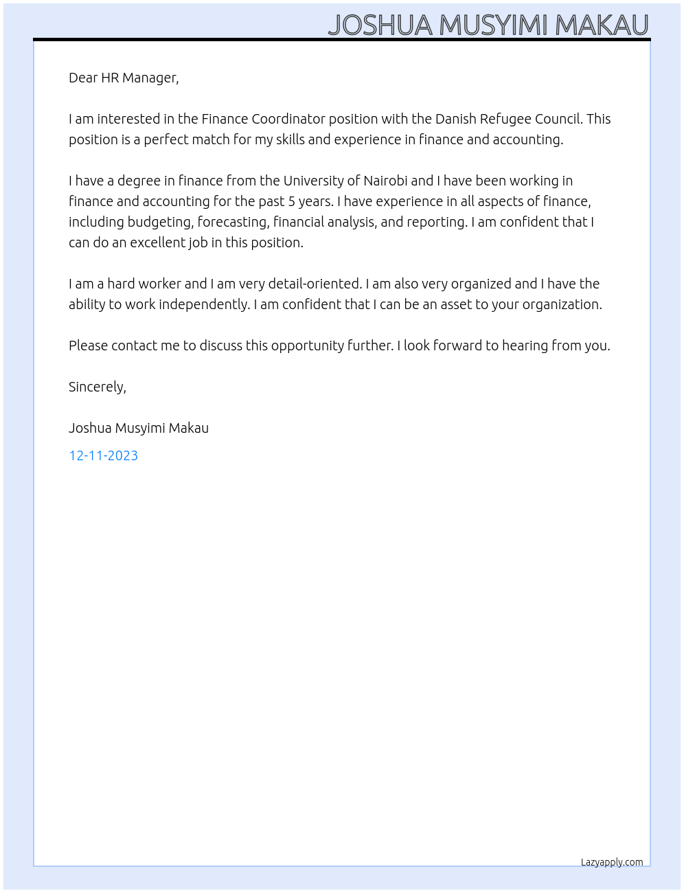 Finance Coordinator At Danish Refugee Council Cover Letter