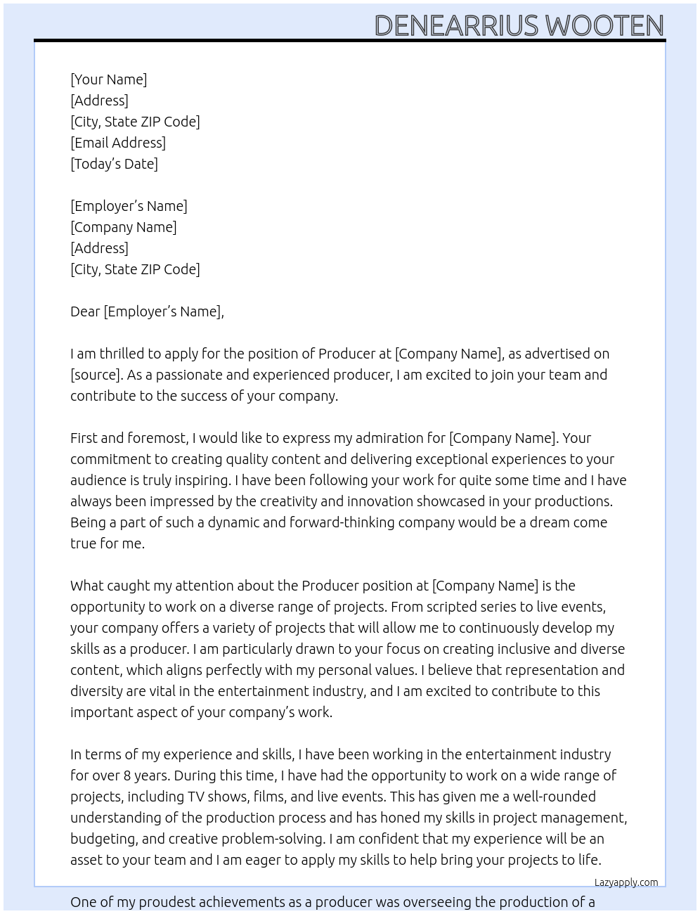 Producer At [Company] Cover Letter