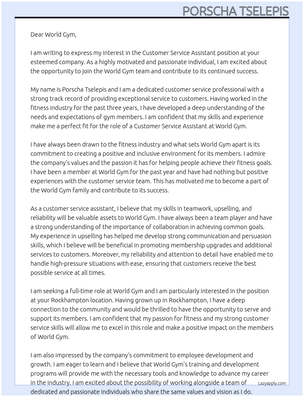  Customer service assistant At World gym  Cover Letter