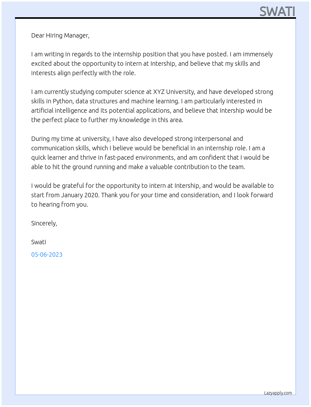 Intership  At Intership  Cover Letter