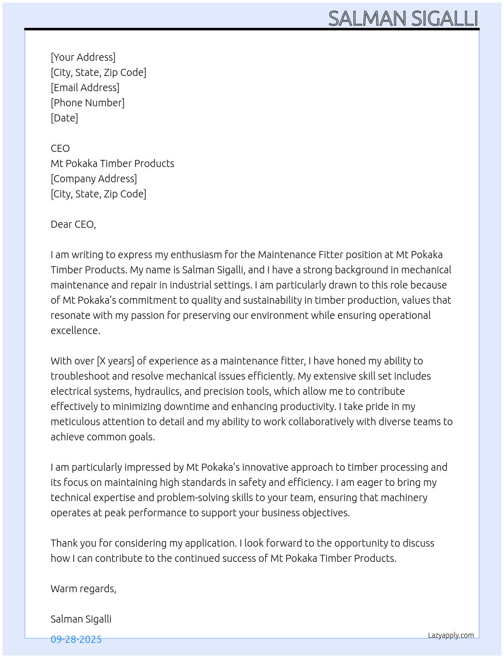 Cover letter for maintenance fitter - LazyApply