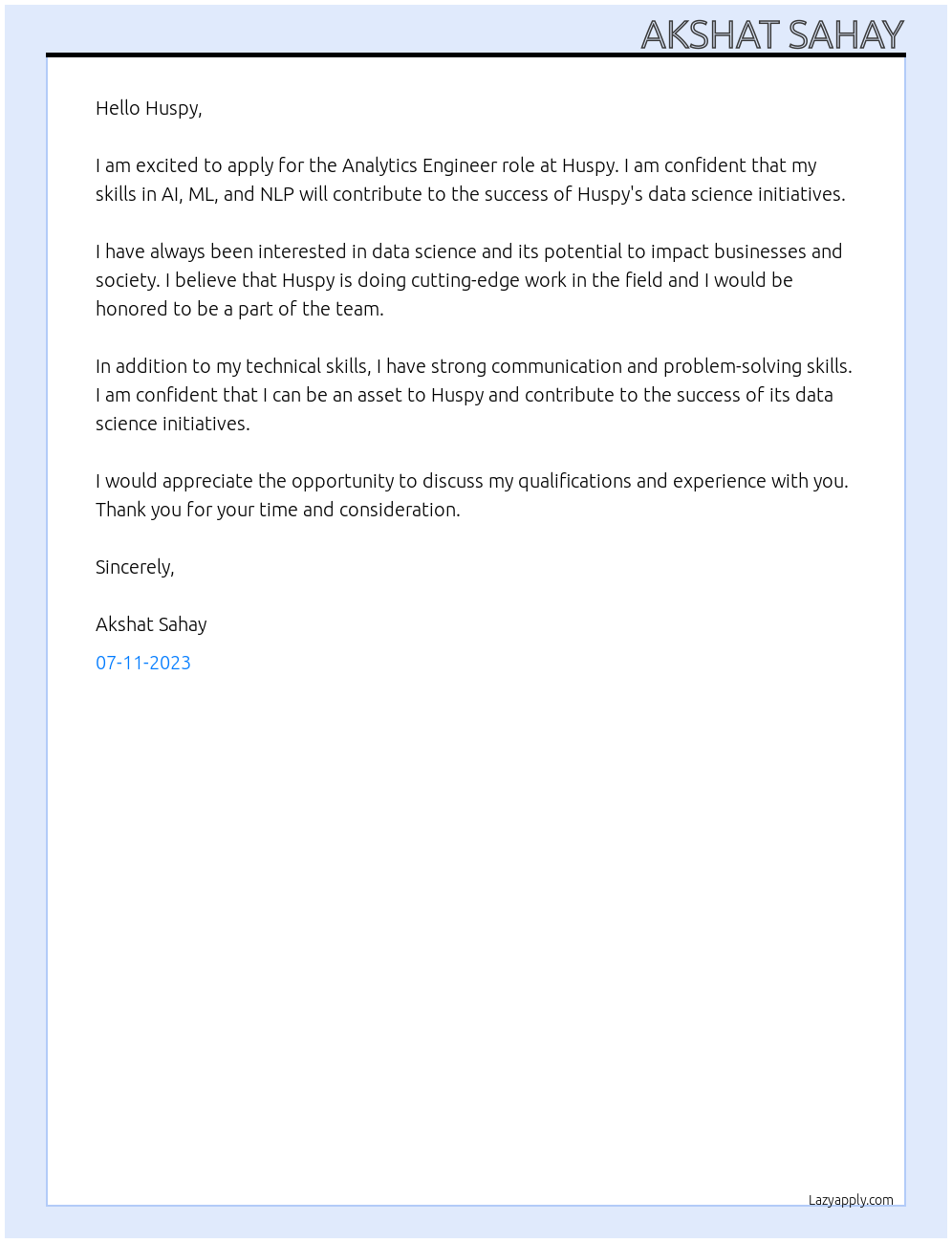 Data Science At Huspy Cover Letter