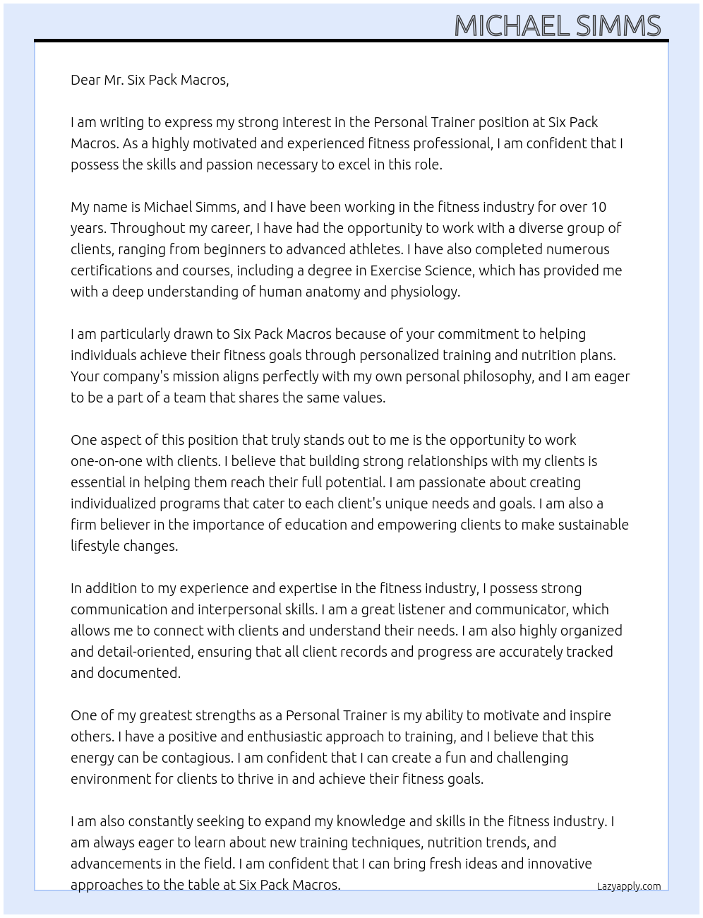 Personal Trainer At Six Pack Macros Cover Letter