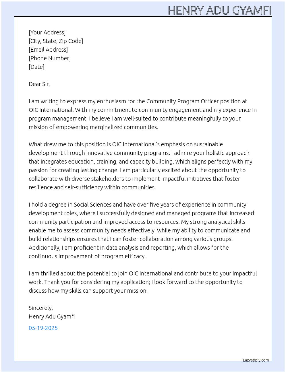 Community Program Officer At OIC International Cover Letter