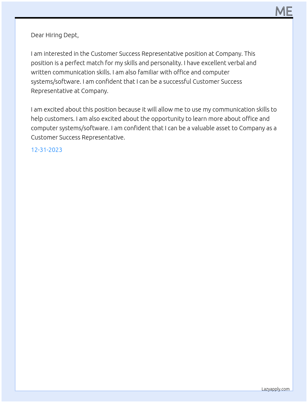 Customer Success Representative At Company Cover Letter