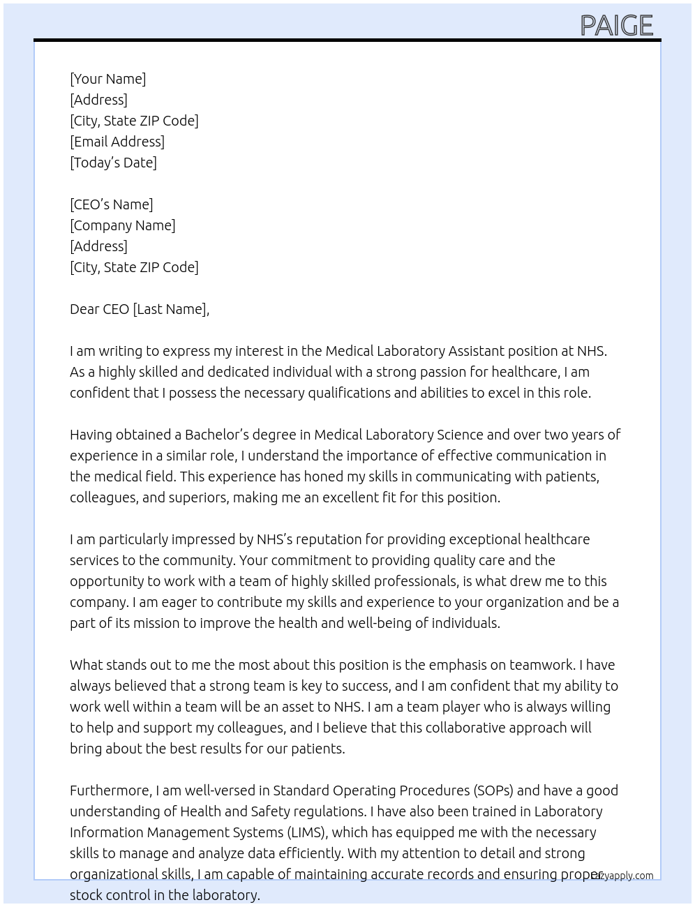 Medical laboratory assistant  At NHS  Cover Letter