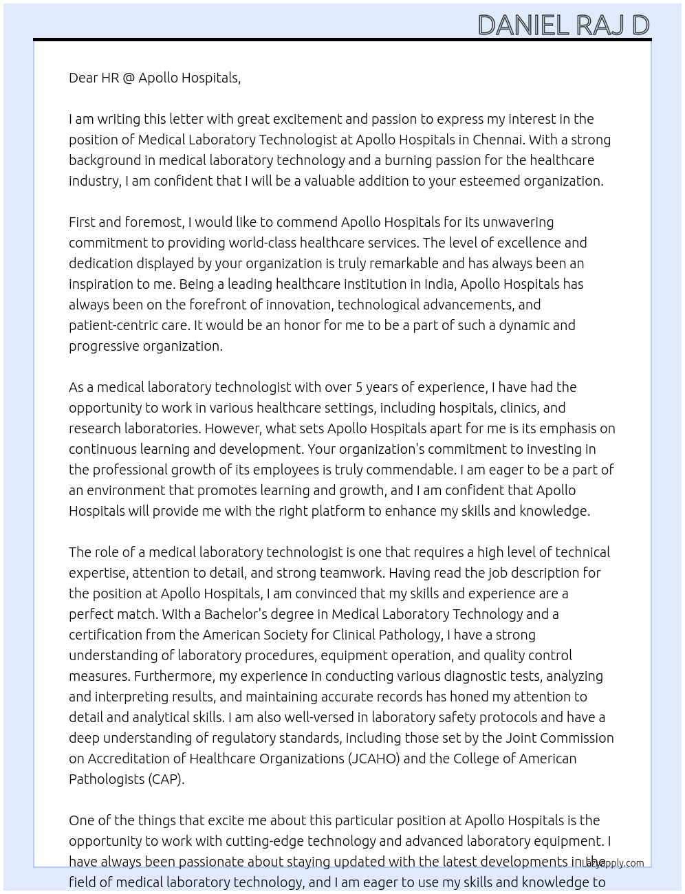 medical laboratory technologist At Apollo hospitals ,chennai Cover Letter