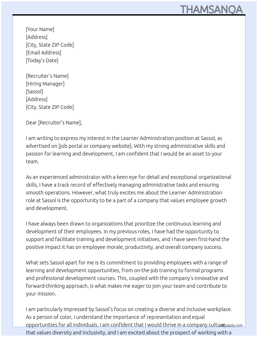 Learner Administration At Sassol Cover Letter