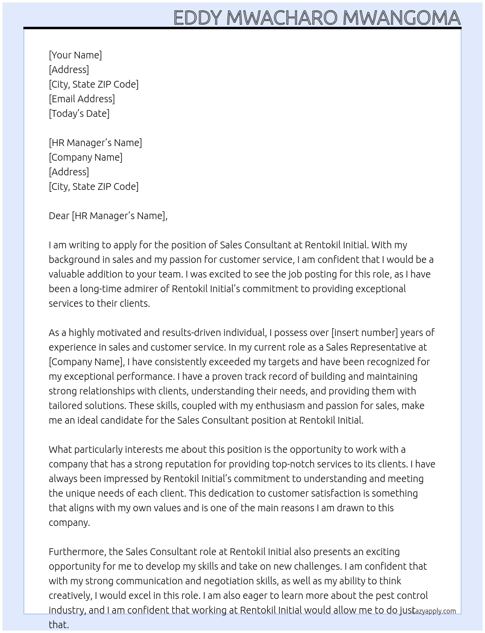 Sales Consultant At Rentokil Initial Cover Letter