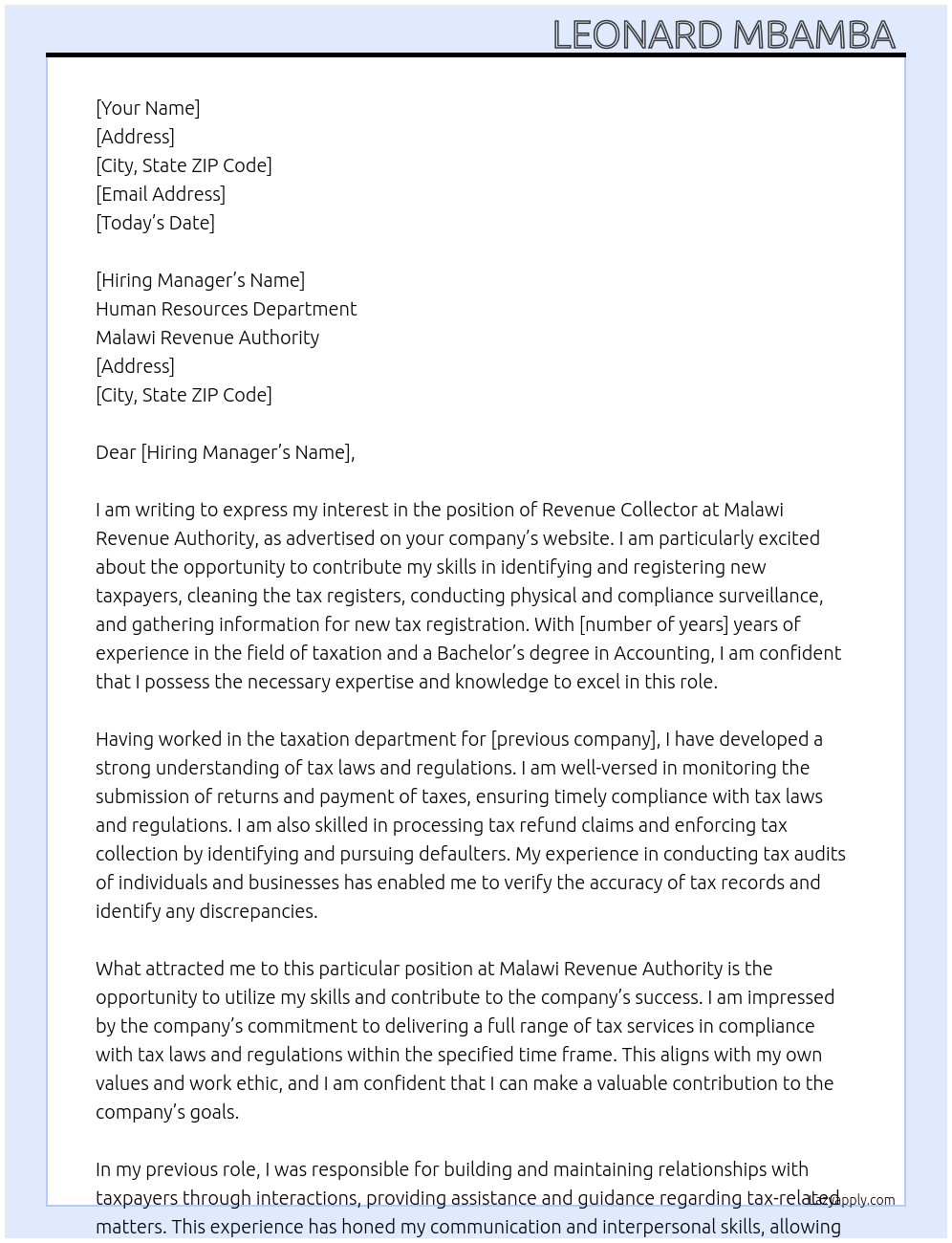 Revenue Collector  At Malawi Revenue Authority  Cover Letter