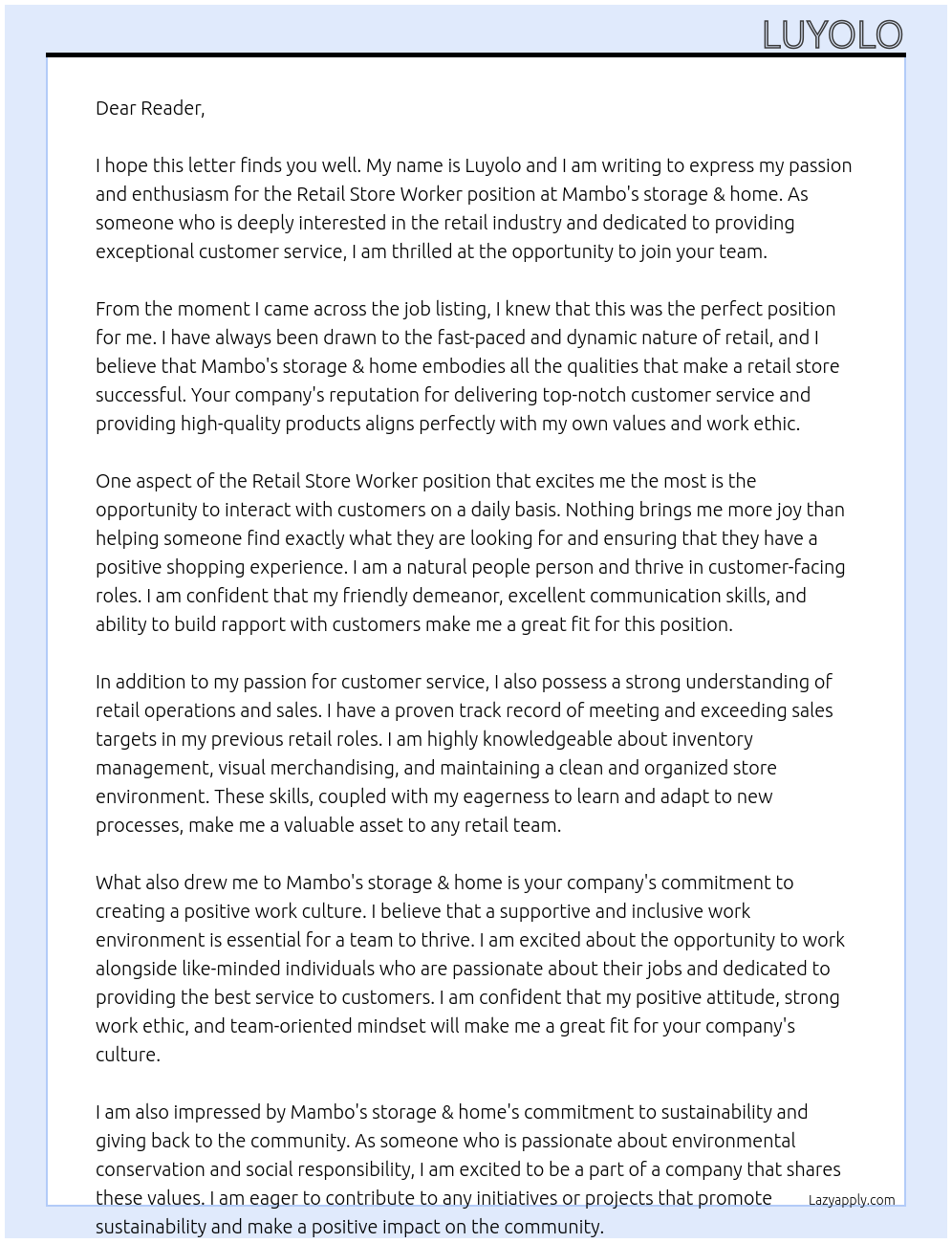 Cover letter for retail store worker - LazyApply
