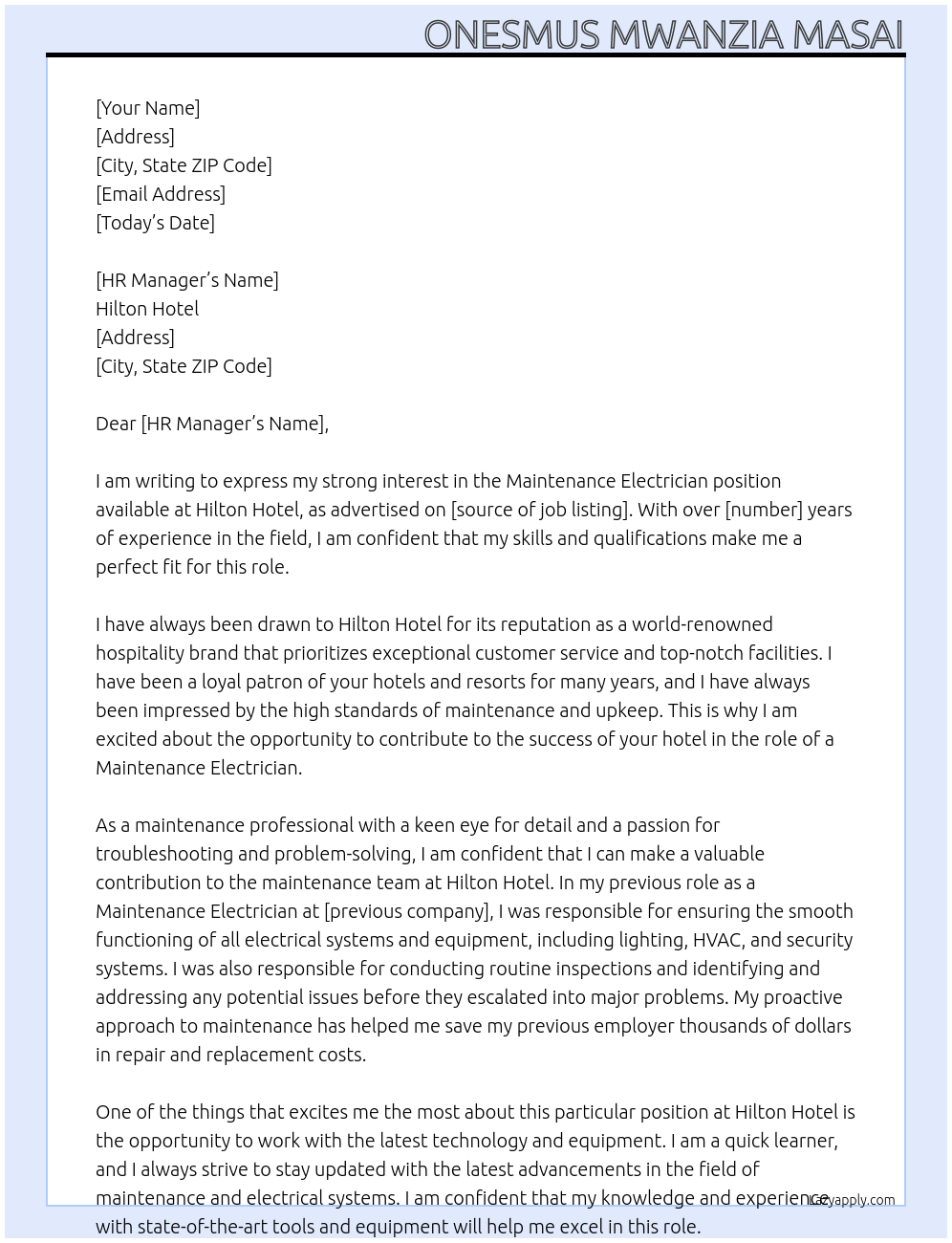 Maintenance electrician At Hilton hotel Cover Letter