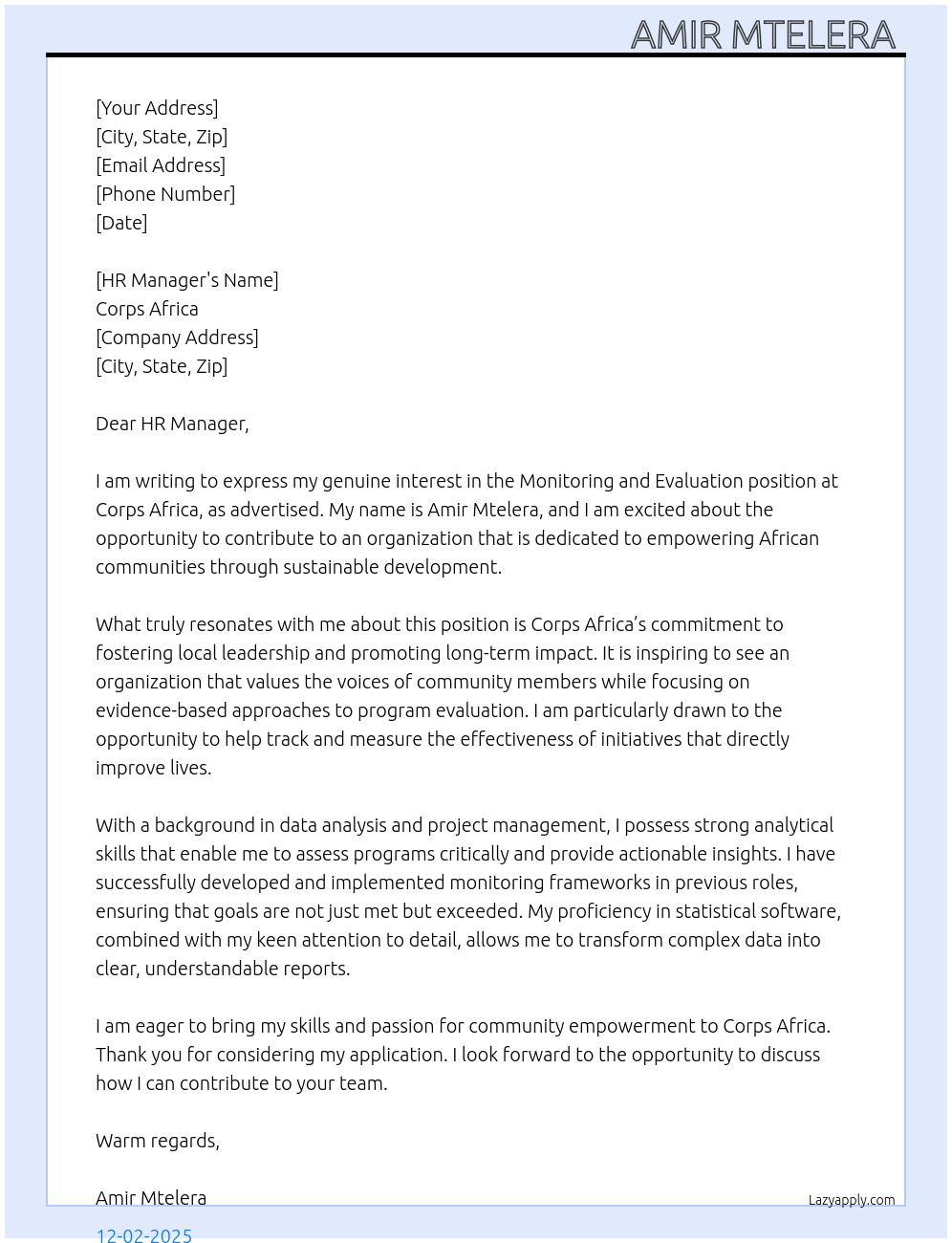 Cover letter for monitoring and evaluation - LazyApply