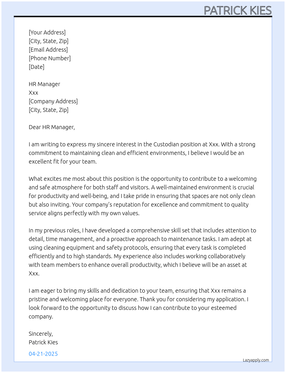 Custodian At Xxx Cover Letter