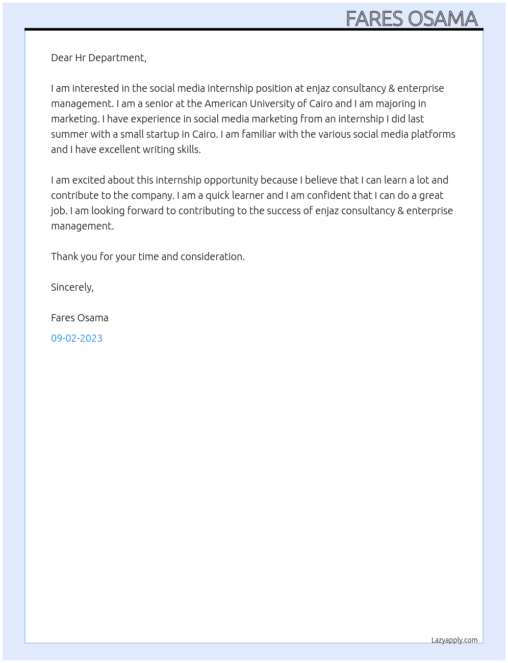 Social media internship At enjaz consultancy & enterprise management Cover Letter