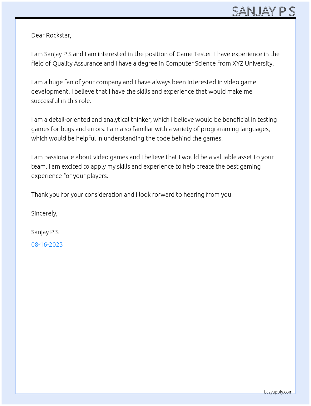 Game Tester At Rockstar Cover Letter