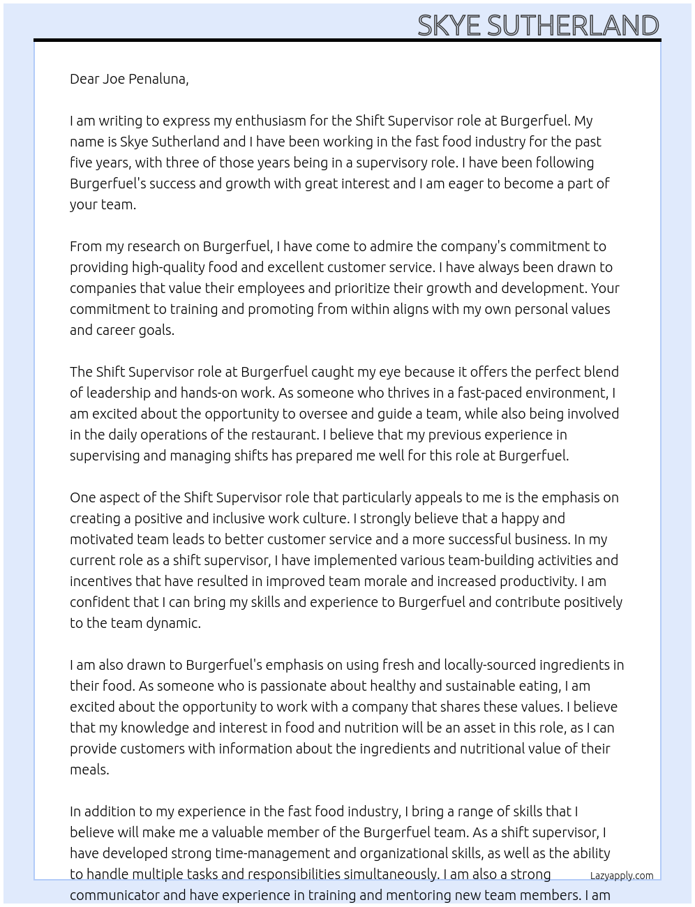 Shift supervisor At Burgerfuel Cover Letter